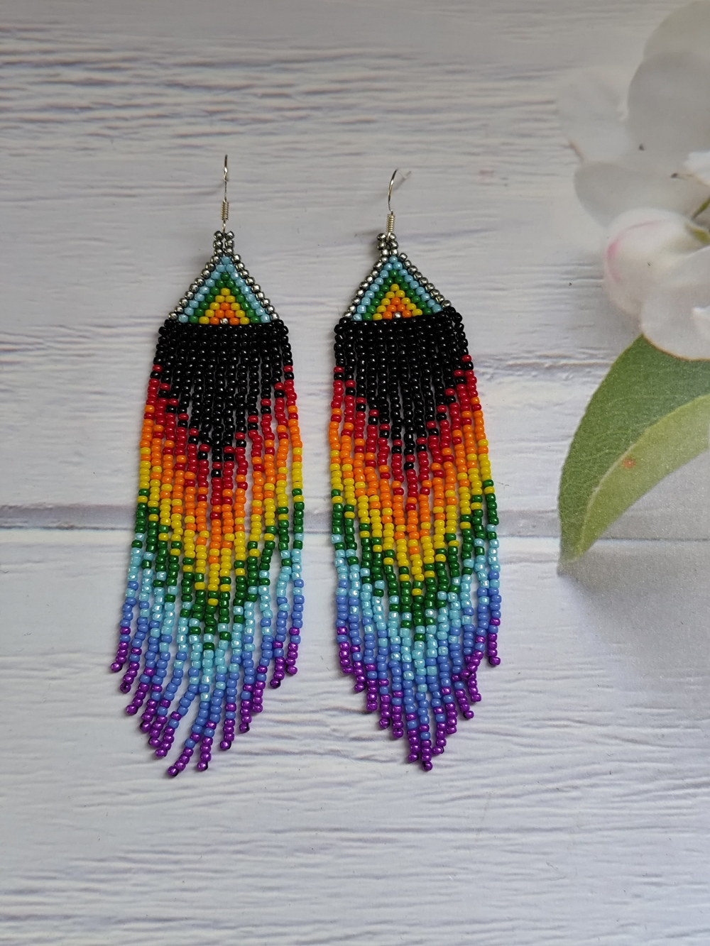 Handmade Rainbow Beaded Fringe Earrings - Multicolor